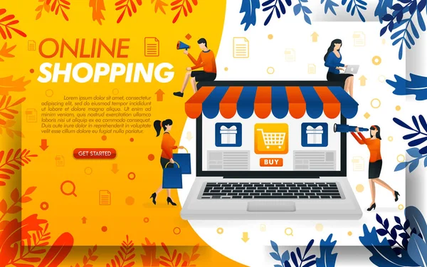 Online Shopping Website Design People Shopping Online Laptops Concept Vector — Stock Vector