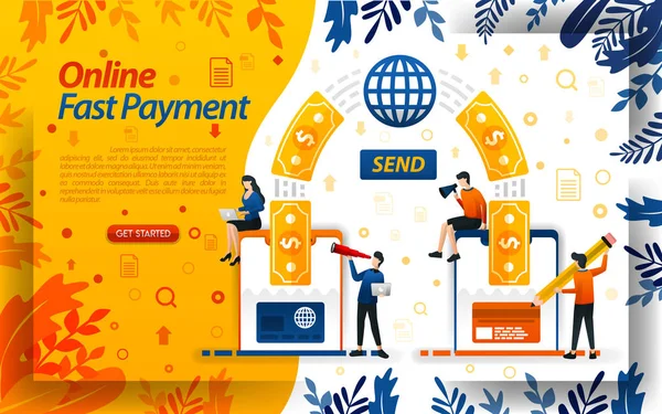 Ταχύτερη Online Πληρωμή Μεταφέρετε Χρήματα Online Κάρτες Και Smartphones Στέλνω — Διανυσματικό Αρχείο