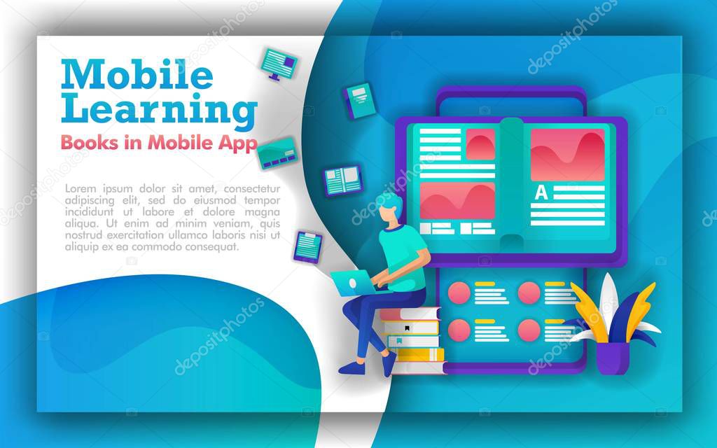 Abstract illustration for mobile learning and education. students sit in piles of books, books that come out of smartphone. online learning using mobile apps. Learning programs make education upgrade. Creative Design Concept Flat Cartoon Illustration