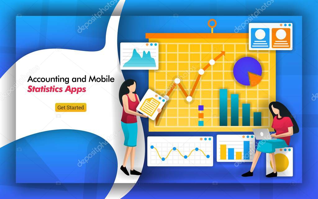 Accounting statistics simplified to managing accounting and Business on Mobile basis. bookkeeping software and apps makes it easy for personal and home business to manage accounting. Flat vector style Creative Design Concept Flat Cartoon Illustration