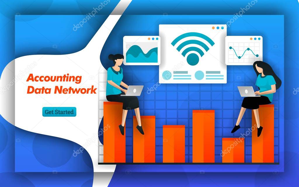 Internet and wifi networks make it easy for Accounting Data Network to determine cost accounting and tax planning. Accounting services provide data access for small businesses. Flat vector style. Creative Design Concept Flat Cartoon Illustration