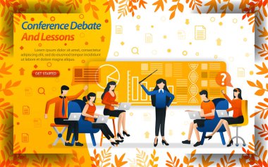 Konferans tartışması ve dersler. iş ve öğrenci öğretim kadınlar, kavram vektör ilustration tartışıyorlar. açılış sayfası, şablon, kullanıcı arabirimi, web, mobil uygulama, poster, afiş, el ilanı, web sitesi, pazarlama, promosyon, reklam, belge, reklamlar için kullanabilirsiniz