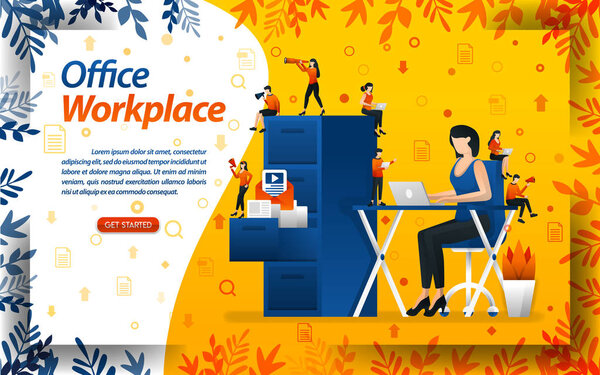 female workers work on assignments on the work desk. with workplace offices and document shelves, concept vector ilustration. can use for landing page, template, ui, web, mobile app, poster, banner, marketing, promotion, advertising, document, ads