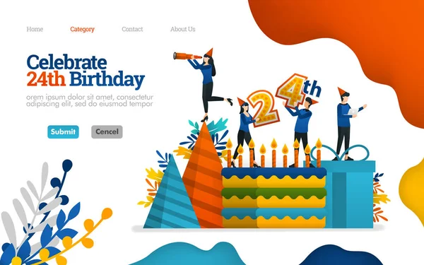 Celebrate birthdays, celebration days, 24th anniversary. birthday cake and equipment. Vector flat illustration concept, can use for, landing page, template, ui, web, homepage, poster, banner, flyer, marketing, promotion, advertising, document, ads