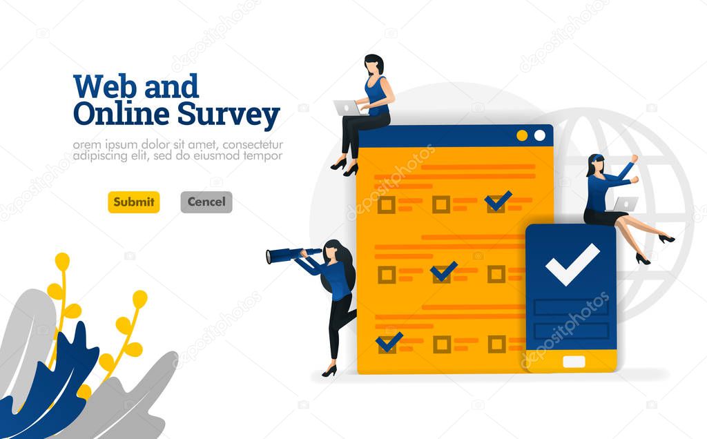 Web and Online survey for marketing, advertising and consultants vector illustration concept can be use for, landing page, template, ui ux, web, mobile app, poster, banner, website, marketing, promotion, advertising, document, ads Creative Design 