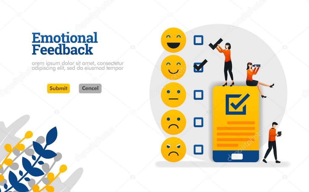Emotional feedback with emoticons and checklists on smartphones vector illustration concept can be use for, landing page, template, ui ux, web, mobile app, poster, banner, website, marketing, promotion, advertising, document, ads Creative Design 