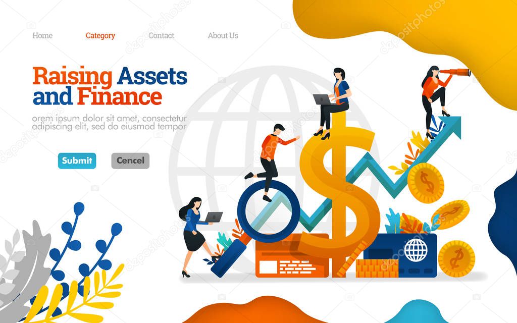 Raising Assets and Finance. grow profits in business, finance, investment and industry. Vector flat illustration concept, can use for, landing page, template, ui, web, homepage, poster, banner, flyer, marketing, promotion, advertising, document, ads