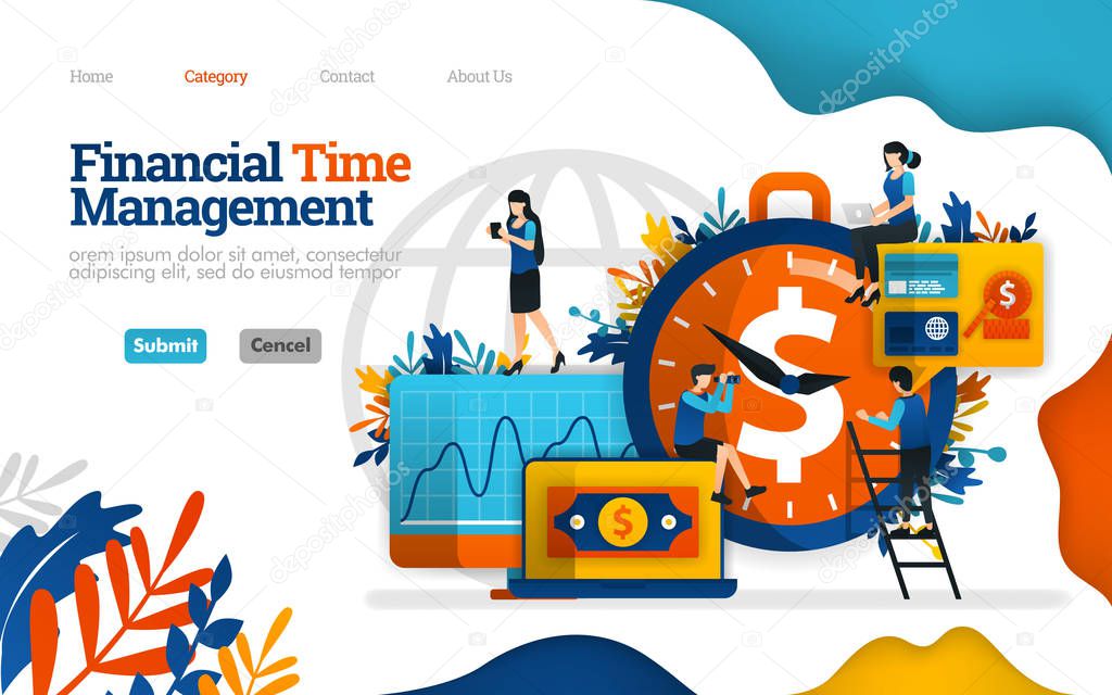Financial Time Management. manage finances effectively. best investment partner is time. Vector flat illustration concept, can use for, landing page, template, ui, web, homepage, poster, banner, flyer, marketing, promotion, advertising, document, ads