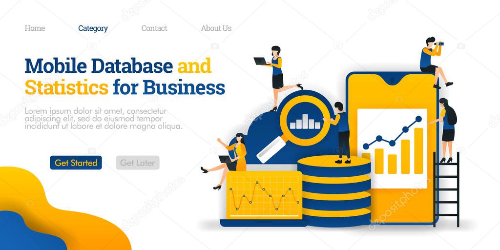 Mobile Database and Statistics for Business, collecting various data in cloud database. Vector flat illustration concept, can use for, landing page, template, ui, web, homepage, poster, banner, flyer, marketing, promotion, advertising, document, ads