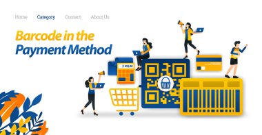 Alışveriş için daha kolay hale getirmek için bir Barkod veya Qr Kodu Yöntemi ile Alışveriş Ödeme Tasarımı. Vektör İllüstrasyon Düz Simge Stil Web Açılış Sayfası, Banner, El İlanı, Sticker, Duvar Kağıdı Arka Plan, pazarlama, promosyon, reklam, belge, reklamlar için uygundur