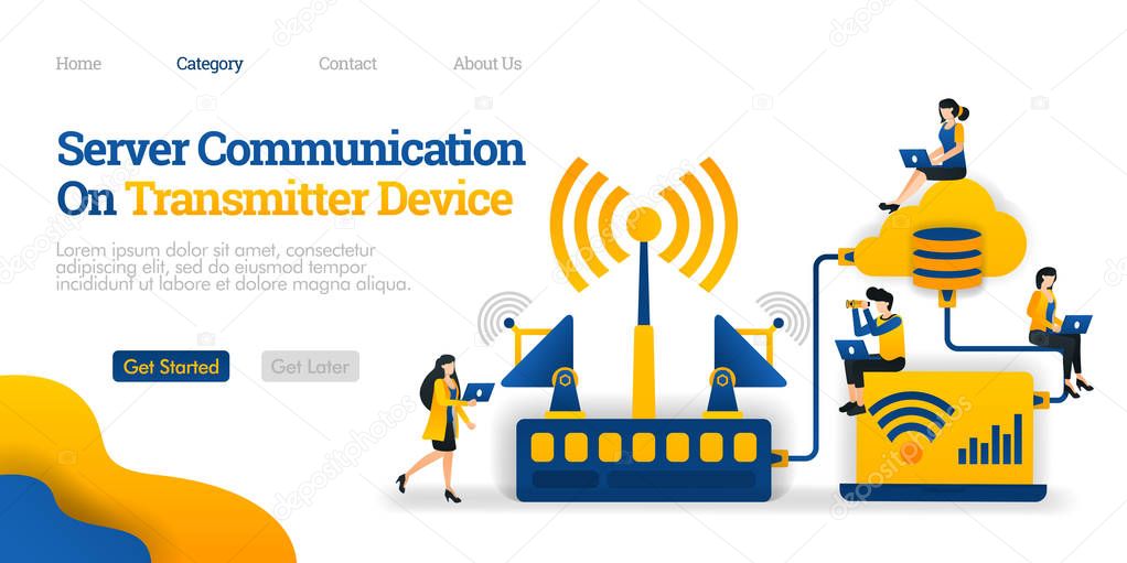 Server Communication on Transmitter Device. transmitter distributes data from database. Vector flat illustration concept, can use for, landing page, template, ui, web, homepage, poster, banner, flyer, marketing, promotion, advertising, document, ads