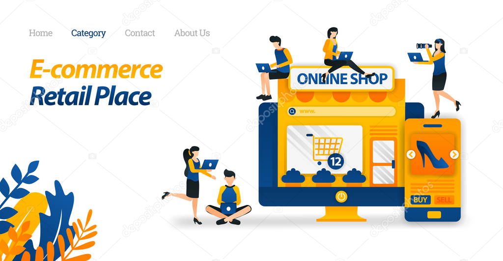 E-commerce Makes It Easy to Shop From Anywhere on Screen. Buy Lots of Goods From many Stores and Retail. Vector Illustration. Flat Icon Style Suitable for Web Landing Page, Banner, Flyer, Wallpaper, marketing, promotion, advertising, document, ads