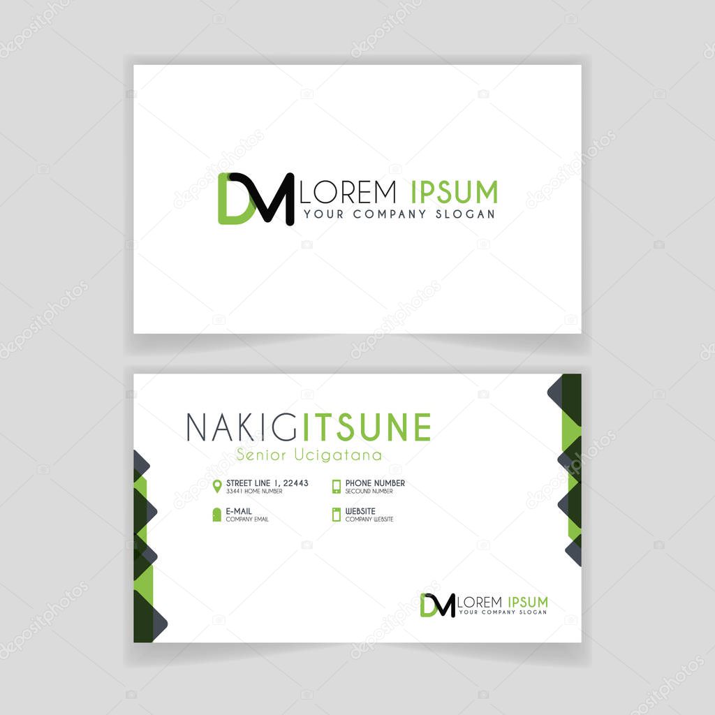 Simple Business Card with initial letter DM rounded edges with green accents as decoration. Alphabet logo design for businesses and companies. with elegant and simple design, can use for business cards, flayers, brochures, identity, initial, letter