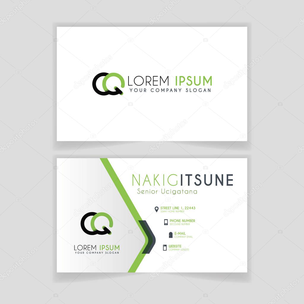 Simple Business Card with initial letter CQ rounded edges with green accents as decoration. alphabet logo design for businesses and companies. with elegant and simple design, can use for business cards, flayers, brochures, identity, initial, letter