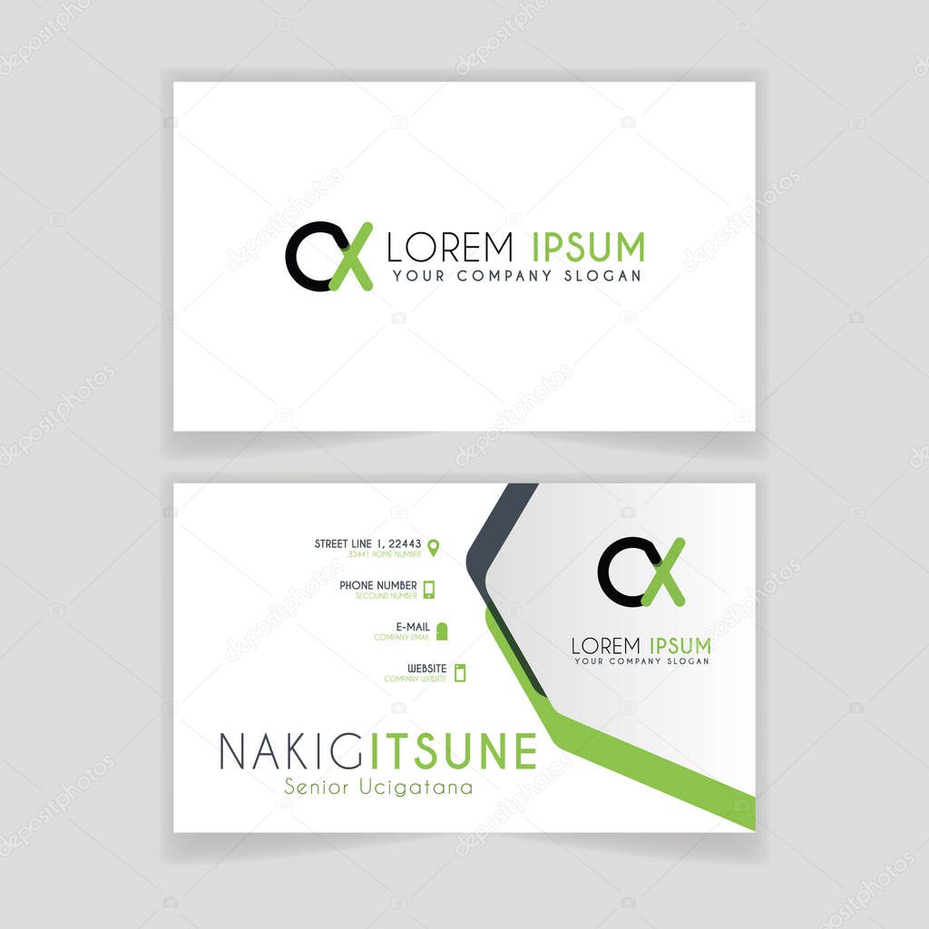 Simple Business Card with initial letter CX rounded edges with green accents as decoration. alphabet logo design for businesses and companies. with elegant and simple design, can use for business cards, flayers, brochures, identity, initial, letter