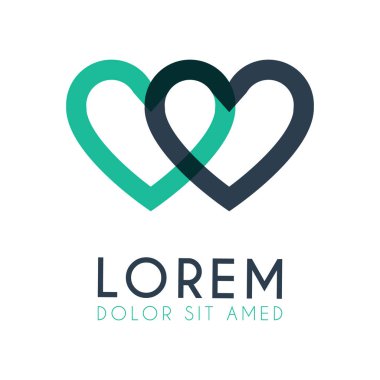 birbirini kesen iki kalpli yeşil ve mavi içi oyulmuş logolar. Pazarlama, düğün promosyon, uygulama reklam, aşk ve romantizm için Aşk logosu. çöpçatanlık iş, başlangıç, şirket, nişan sanayi, etkinlik organizatörü için kullanabilirsiniz