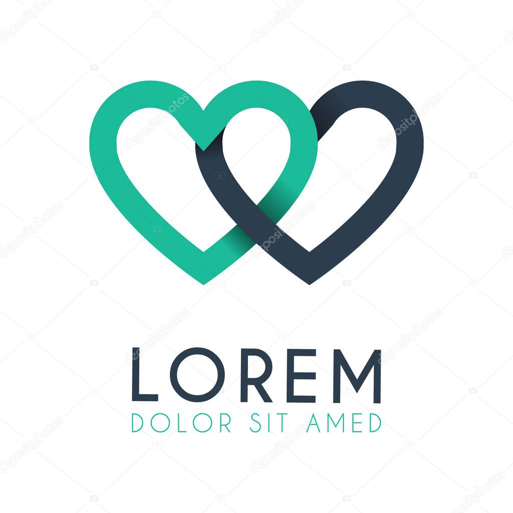 A two-hearted green and blue overlapping logo and a green heart at the top. Love logo for marketing, wedding promotion, application ad, love and romance. can use for matchmaking business, startup, company, engagement industry, event organizer