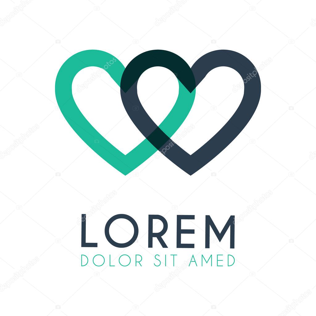 A two-hearted green and blue hollowed-up logos intercepting each other. Love logo for marketing, wedding promotion, application ad, love and romance. can use for matchmaking business, startup, company, engagement industry, event organizer