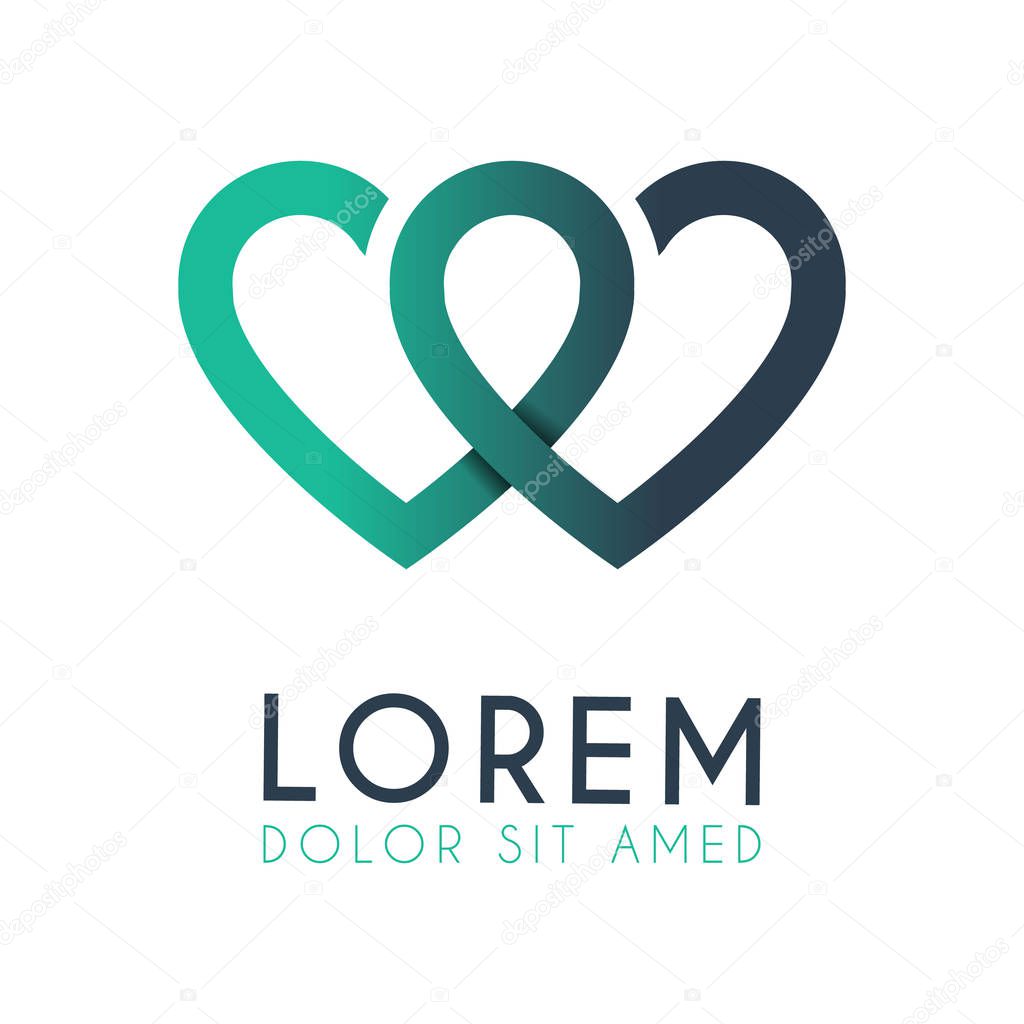 A two-hearted logo that merges into one and forms a green gradation to the blue. Love logo for marketing, wedding promotion, application ad, love and romance. can use for matchmaking business, startup, company, engagement industry, event organizer