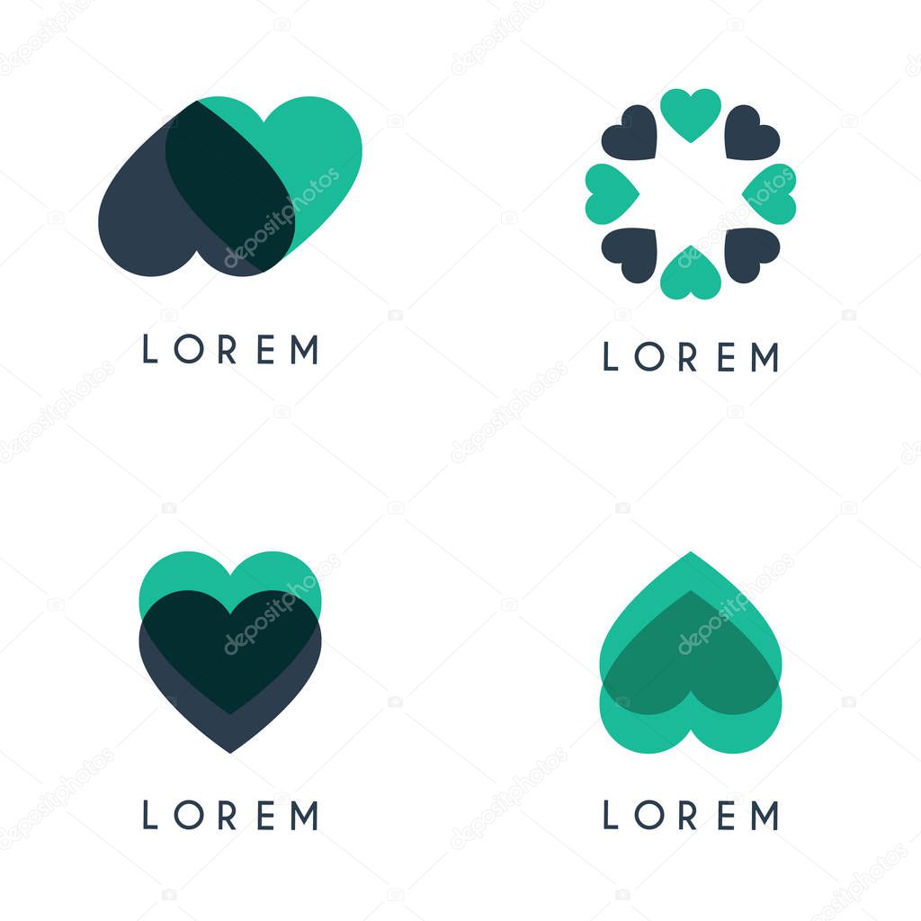 3 pack of heart logs overlapping parallel, and 1 logo of the heart that spins in a circle, of course they are green and blue. Love logo for wedding, love and romance. can use for matchmaking business and media, engagement industry, event organizer