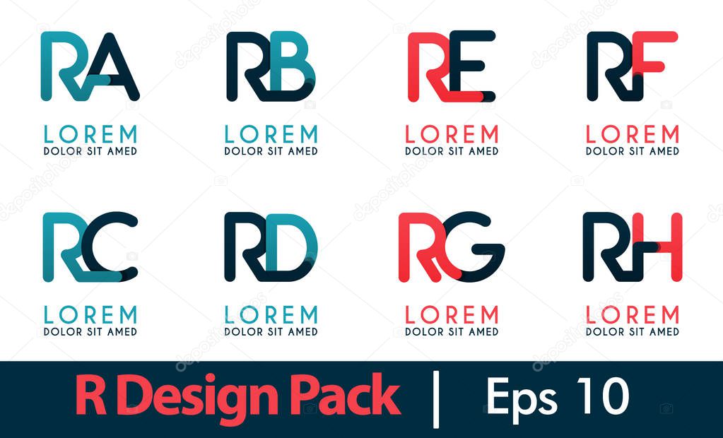 R logo pack, RA Logo set. Modern flat design concept for Landing page website, mobile apps ui ux, banner poster, flyer brochure, web print document. Vector EPS 10. business cards, flayers, brochures, media, startup, company, industry, simple design