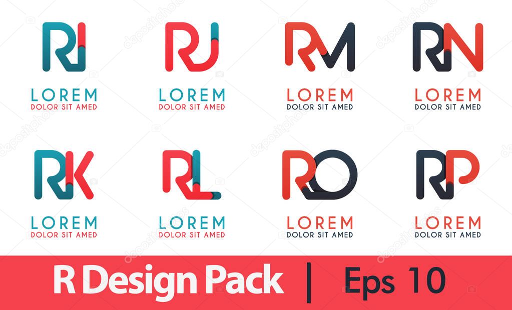 R logo pack, RI Logo set. Modern flat design concept for Landing page website, mobile apps ui ux, banner poster, flyer brochure, web print document. Vector EPS 10. business cards, flayers, brochures, media, startup, company, industry, simple design