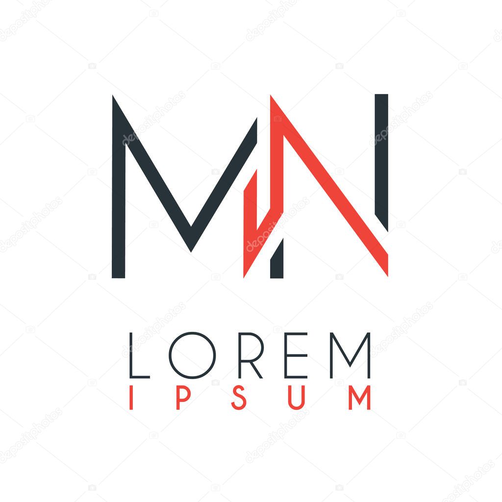 The logo between the letter M and letter N or MN with a certain distance and connected by orange and gray color