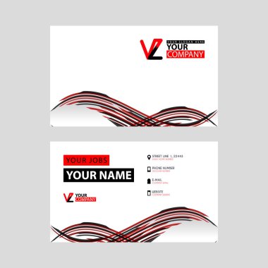 Üzerinde Vz logosu olan yatay isim kartı ve kenarında kırmızı siyah ve üçgen süsleme..