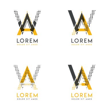 Dört soyut Aw logosuna sahip bir set. Web siteleri ve kurumsal kimlik için uygundur ve pankart, kart ve iş için kullanılabilir. Bu logo sarı ve gri.