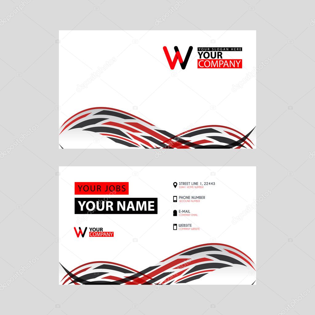 Horizontal name card with VV logo Letter and simple red black and triangular decoration on the edge.