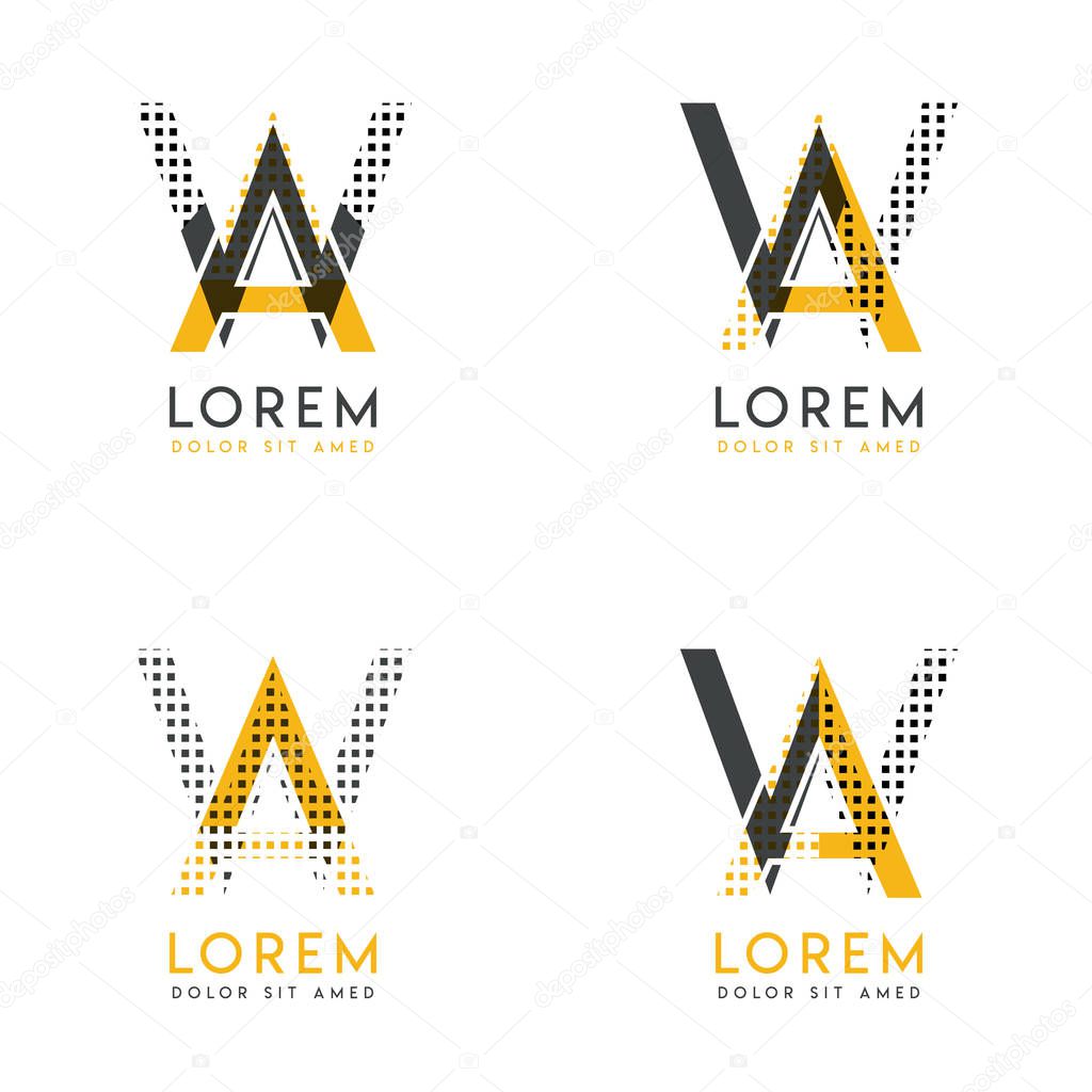 A set with four abstract AW logo. Suitable for websites and corporate identity, and can be used for banner, card and business. this logo is yellow and gray