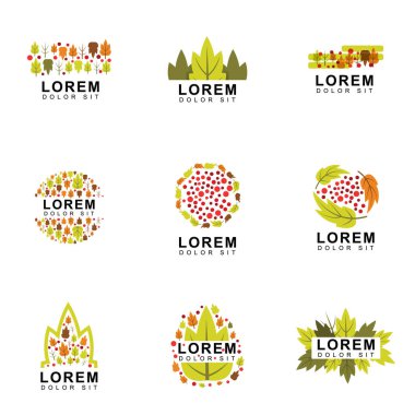 Kahverengi ve yeşil yapraklı dokuz sonbahar logosu, ormanlar, kirazlar, mevsimlik. Çevre ve sağlık güvenliği için tasarlandı. Botanik, tarım ve organik bitki işletmeleri için uygun