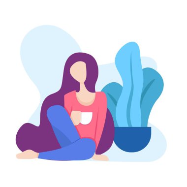 Bir ağacın önünde rahatça oturup bir bardak kahve ya da çay içen bir kadının resmi. Modern web sayfaları ve diğer resimlerdeki ek illüstrasyonlar için kullanılabilir. dosya boyutu 500k