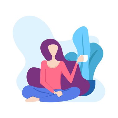 Bir ağacın önünde rahatça oturup bir bardak kahve ya da çay içen bir kadının resmi. Modern web sayfaları ve diğer resimlerdeki ek illüstrasyonlar için kullanılabilir. dosya boyutu 500k