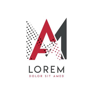 Kreatif endüstri ve kağıt baskı için kullanılabilen gri ve kırmızı renkli Ma logosu. Am logosu baloncuk ve noktalarla dolu, arka plana ve duvar kağıdına uygulanabilir