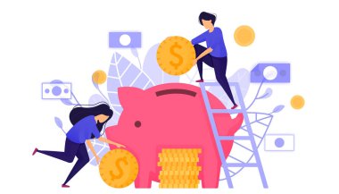 Piggy Bank 'a para biriktirmek. Tasarruf ve Bankanın Yatırım Dönüşü Faizini Kopyalamak İçin Bankaya Para Koyan İfadeler Roi. Web İniş Sayfası, Mobil Uygulamalar, pazarlama, tanıtım, reklam, belge ve reklamlar için Karakter Kavramsal Vektör İlülasyonu
