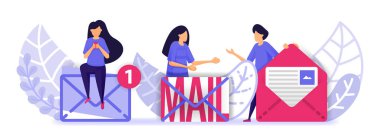 İnsanlar e-posta gönderiyor ve alıyor. İletişim ve iletişim kurmak için yazışmalar ve iş ve kişisel ağ kurmak için. Web, İniş Sayfası, Banner, Mobile, pazarlama, promosyon, reklam, belge ve reklamlar için Vektör İllüstrasyonu