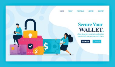 Cüzdanını Sakla 'nın iniş sayfası vektör tasarımı. Düzenlemek ve kişiselleştirmek kolay. Modern düz tasarım konsepti web sayfası, web sitesi, web sayfası, mobil uygulamalar, Ui. karakter karikatür düz stil, pazarlama, promosyon, reklam, belge, reklamlar