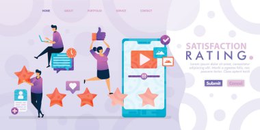 Düz Çizgi Film Karakteri ile Tatmin Derecesi İniş Sayfası Tasarımı. Düzen şeması, afiş, web tasarımı, web sayfası, web sayfası, web sayfası, web sayfası, web sayfası, mobil uygulamalar, Ui, pazarlama, promosyon, reklamcılık, belge, reklamlar