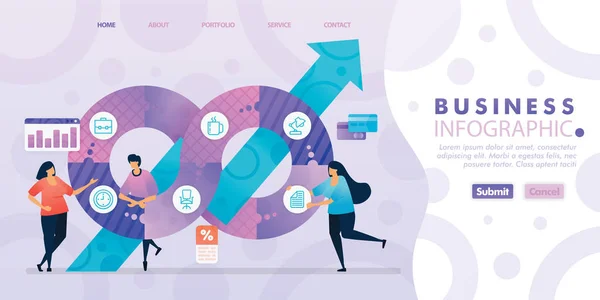 Landingsside Business Infographic Med Flat Illustration Tegneseriefigur Forretningsdata Visualisering Layout – stockvektor