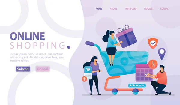 Online Alışveriş ve E-Ticaretin İniş Sayfası Tasarımı. Düzenlemek ve kişiselleştirmek kolay. Modern tasarım konsepti web sitesi, web sayfası, web sayfası, mobil uygulamalar. karakter karikatür düz stil, pazarlama, promosyon, reklam, belge, reklamlar