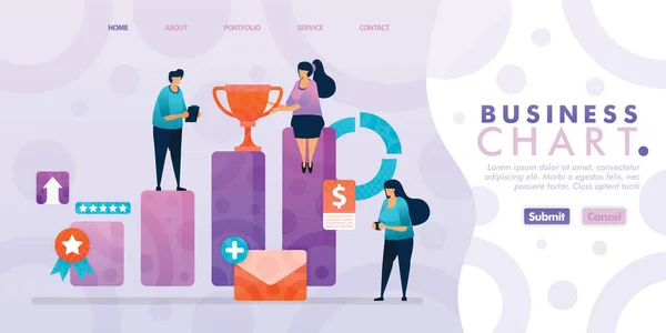 Diseño Landing Page Business Bar Chart Con Personaje Dibujos Animados — Vector de stock