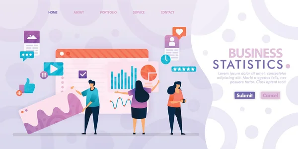 Landing Page Design Business Statistics Flat Illustration Cartoon Character Inglés — Vector de stock