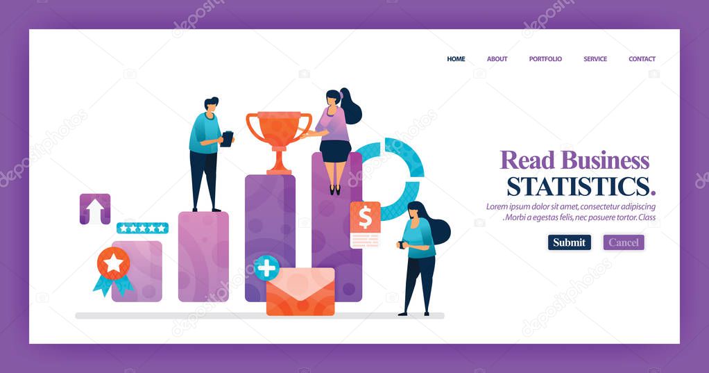 Landing page design of Business Bar Chart with flat Illustration cartoon character. Business data visualization of layout diagram, banner, web design,  web page, website, homepage, mobile apps, UI, marketing, promotion, advertising, document, ads