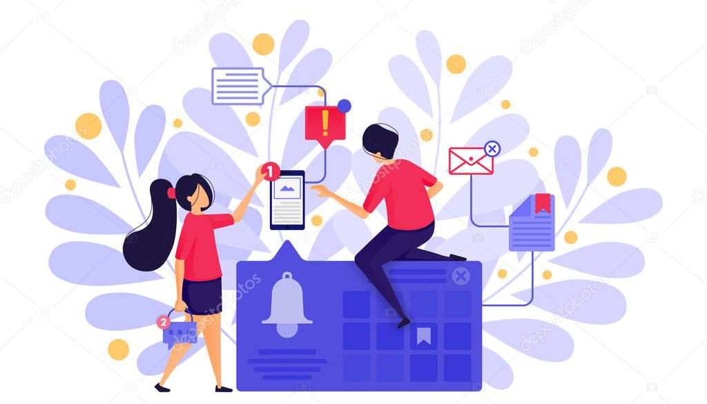 People Set Bell Notifications or Ringing Bell Alarms to Send Messages And Set Schedules With Bookmark in Calendar. Character Concept Vector Illustration For Web Landing Page, Banner, Mobile Apps, Card, marketing, promotion, advertising, document, ads