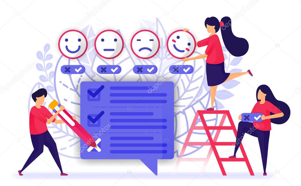 People give review and fill out questionnaires survey or exam for service or product. provide feedback with emoticon from customer experience. Vector Illustration For Web, Landing Page, Banner, Mobile, marketing, promotion, advertising, document, ads