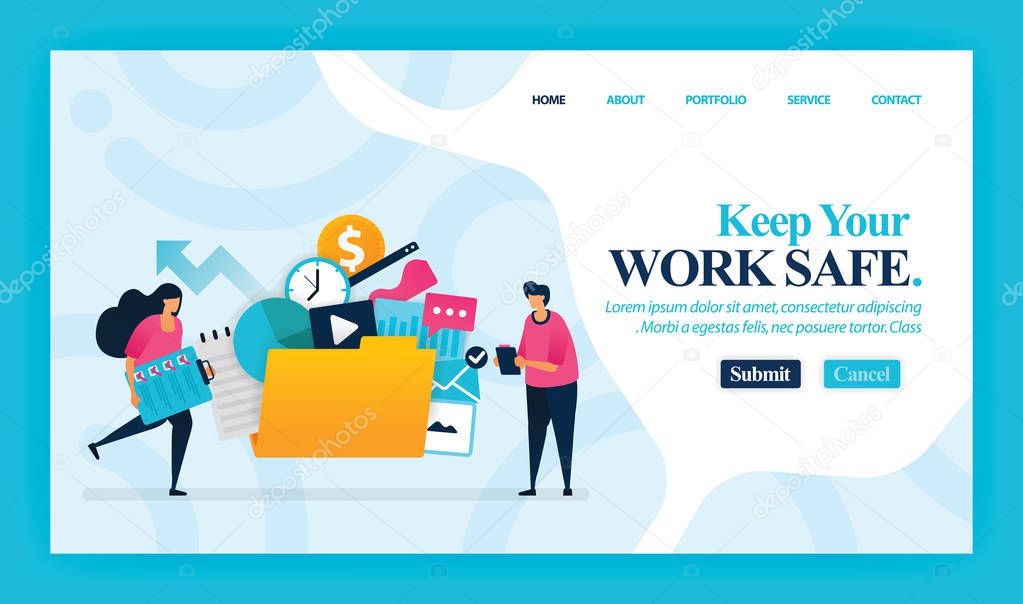 Landing page vector design of Keep Your Work Safe. Easy to edit and customize. Modern flat design concept of web page, website, homepage, mobile apps, UI. character cartoon Illustration flat style, marketing, promotion, advertising, document, ads