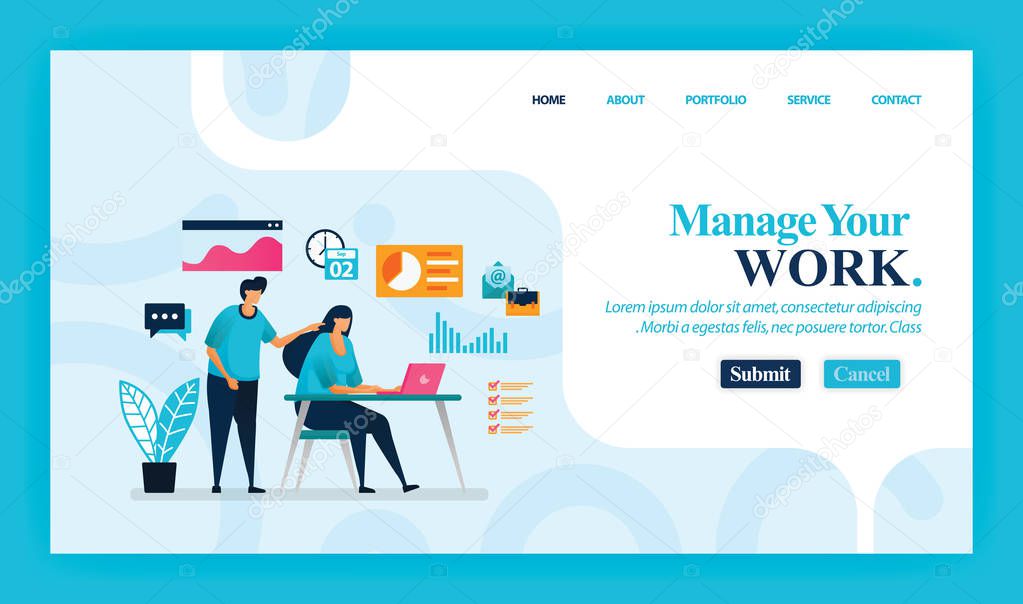 Landing page vector design of Manage Your Work. Easy to edit and customize. Modern flat design concept of web page, website, homepage, mobile apps, UI. character cartoon Illustration flat style, marketing, promotion, advertising, document, ads