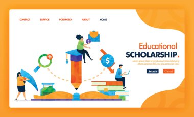 Eğitimsel burs, düz çizgi film karakteri ve ikonu olan sarı vektör konsepti. Ana sayfa tasarımı iniş sayfası, web, mobil uygulamalar için kullanılabilir evet, poster, broşür, pazarlama, tanıtım, pazarlama, tanıtım, reklam, belge, reklamlar