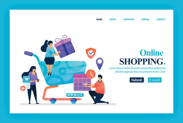Landing Page Vector Design Online Shopping Commerce Inglés Fácil Editar — Vector de stock